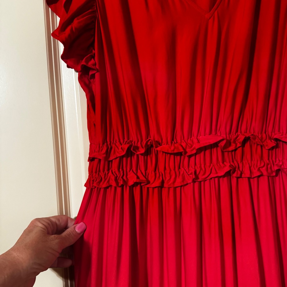 J. Jill Red Flutter Sleeve Ruffle Waist Tiered Midi Dress Womens Size Medium - Picture 3 of 8
